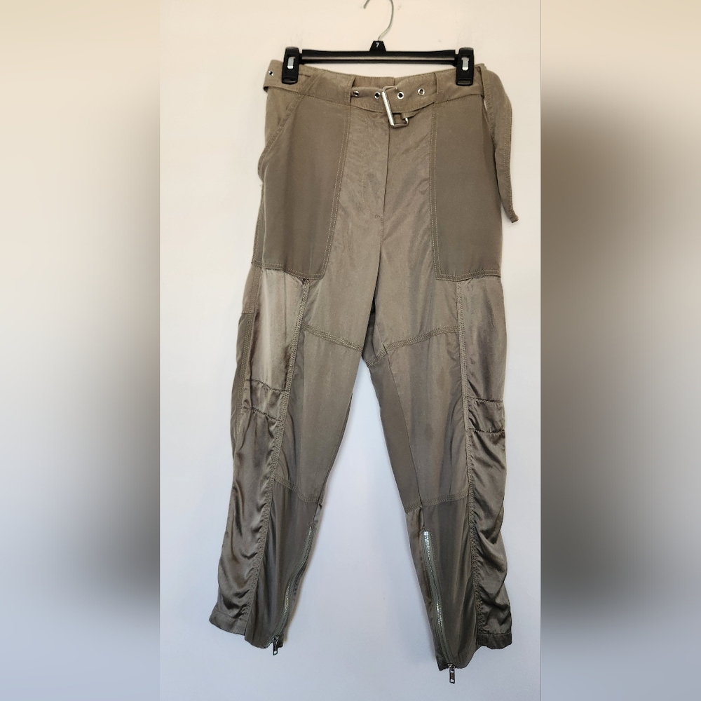 3.1 Phillip Lim Cargo Pants Belted High Rise Ankle Zip Silk Trim Army Green 2